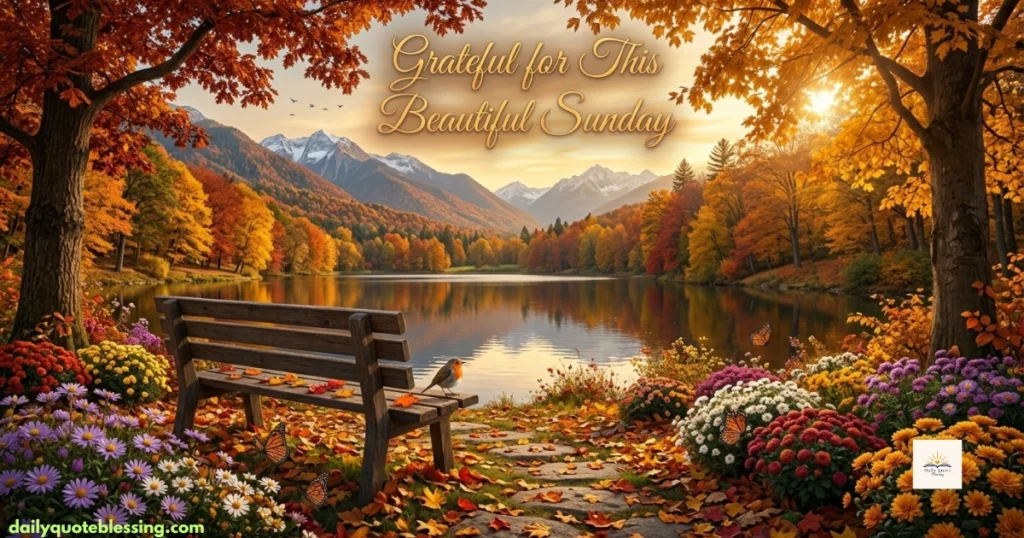 Thankful Sunday blessings image with autumn park, golden sunrise, peaceful path, and gratitude inspiration