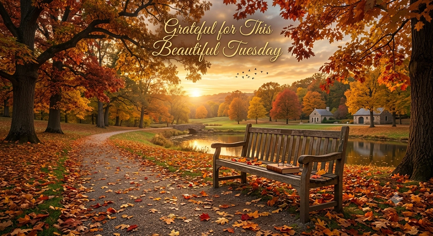 Thankful Tuesday blessings image with autumn park, sunrise, peaceful nature, and gratitude inspiration