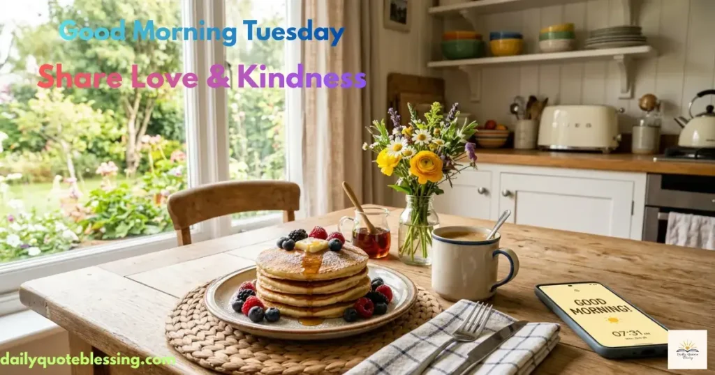 Tuesday morning messages for friends and family with coffee and flowers