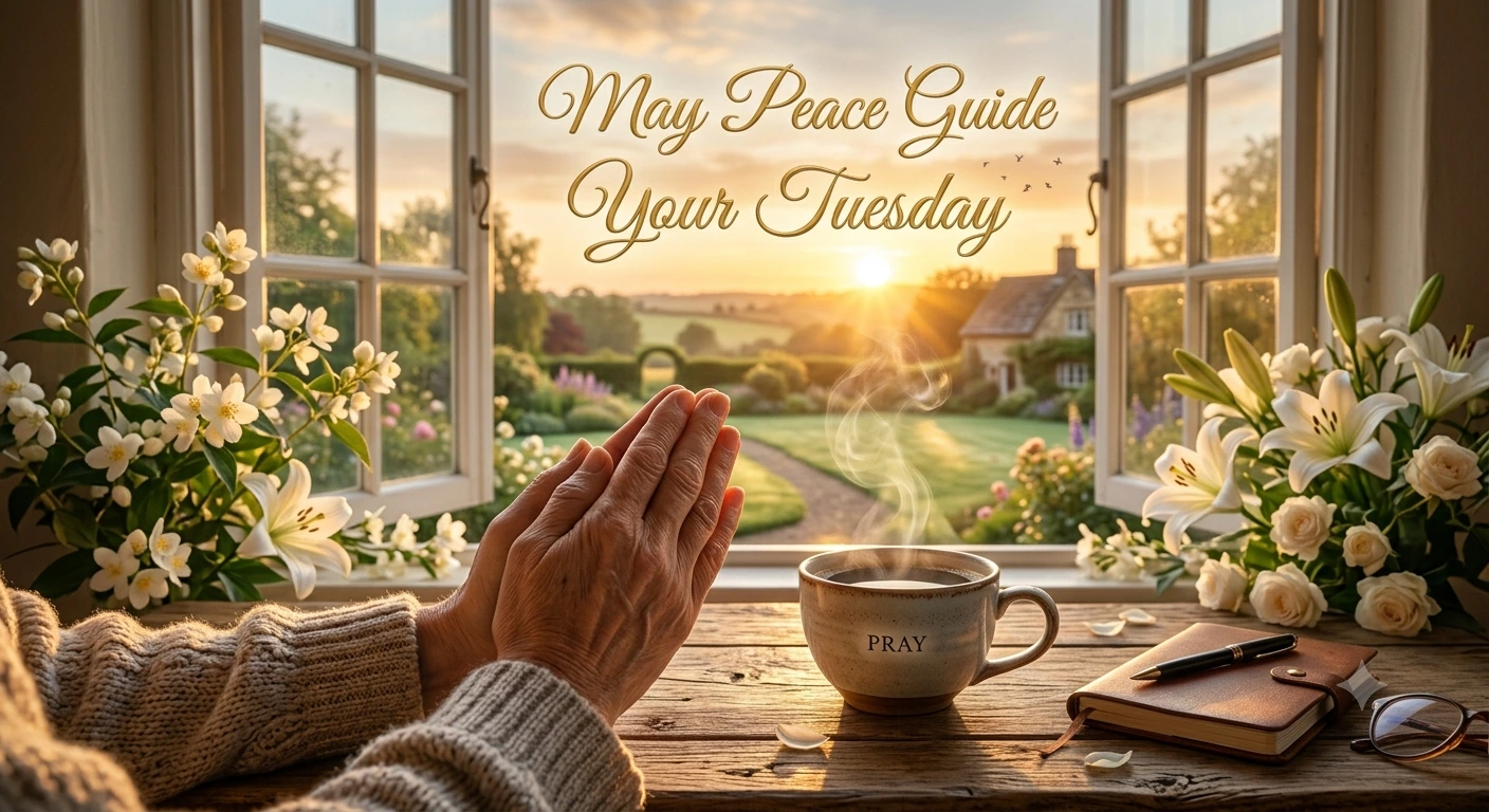 Tuesday morning prayer image with folded hands, sunrise, coffee, and peaceful morning inspiration