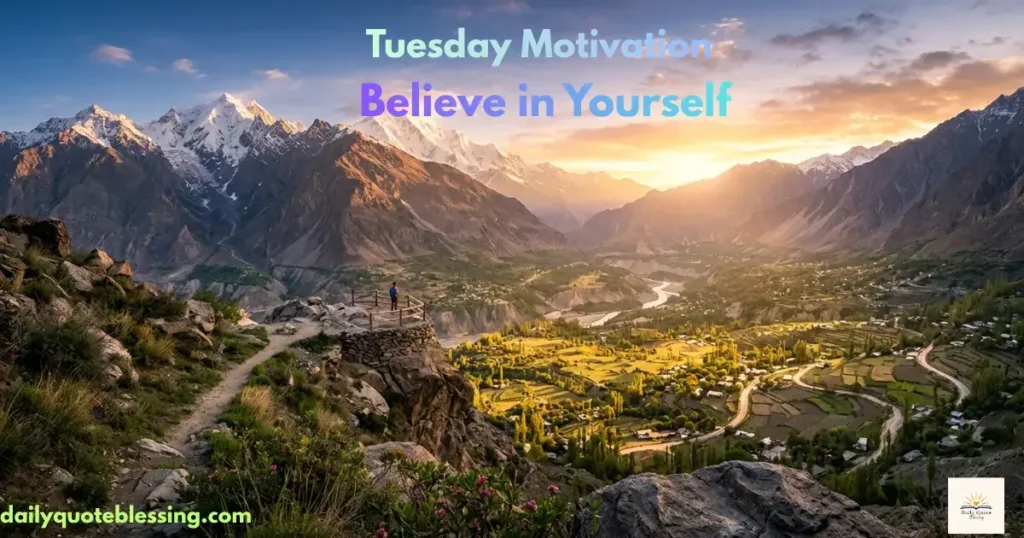 Inspirational Tuesday morning quotes with mountain sunrise