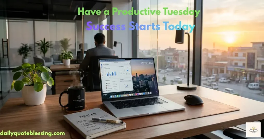 Tuesday morning work motivation with laptop coffee and office desk