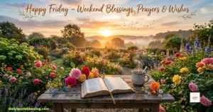 Weekend Friday blessings featured image with sunrise, Bible, coffee, and colorful flowers