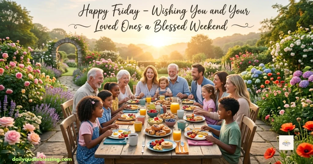 Weekend Friday blessings for family and friends with joyful outdoor gathering
