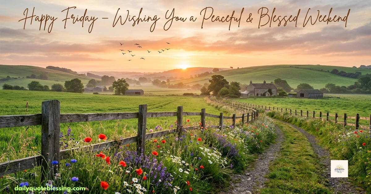 Weekend Friday blessings image with peaceful countryside sunrise and colorful flowers