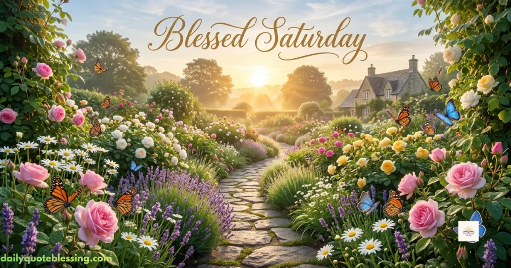 Blessed Saturday message with flowers and a peaceful morning