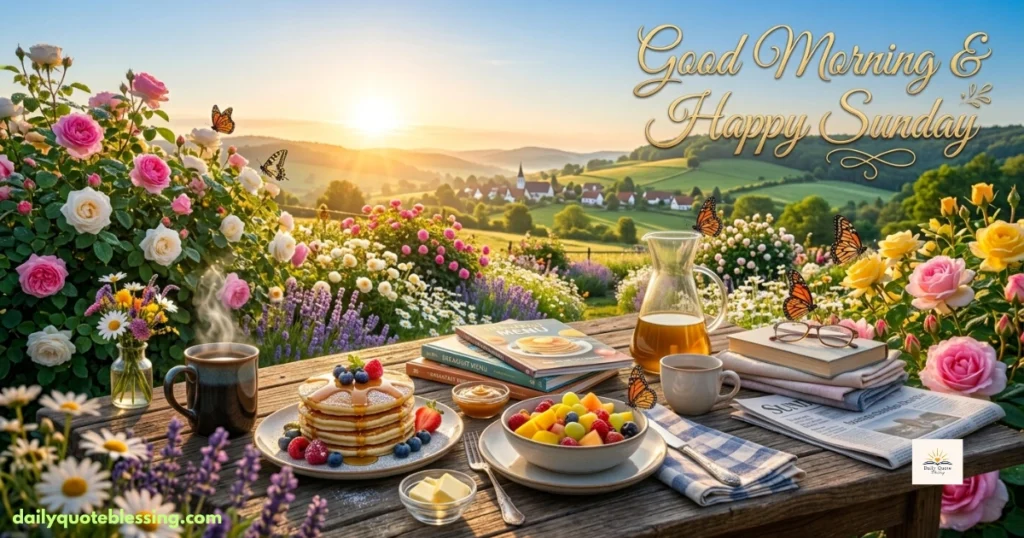 Good morning Happy Sunday wishes with coffee, breakfast, and flowers