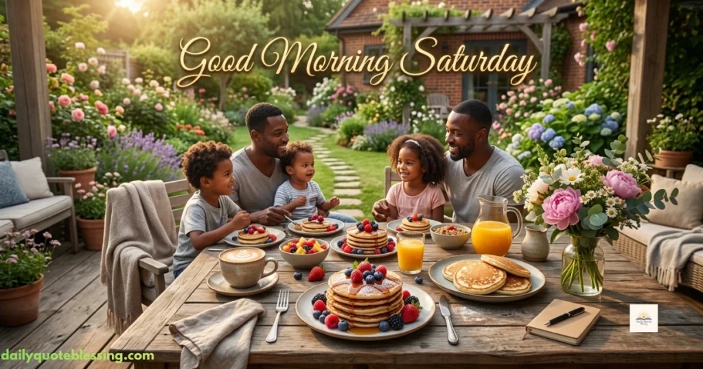 Good morning Saturday wishes with coffee, breakfast, and flowers