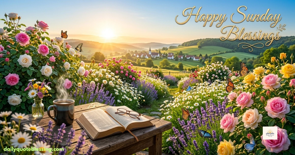 Happy Sunday blessings with flowers and a peaceful morning sunrise