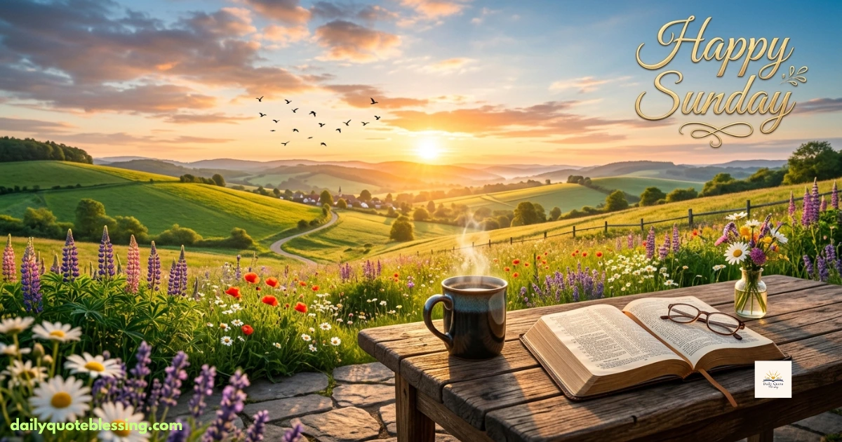 Happy Sunday sunrise with flowers, coffee, and peaceful countryside