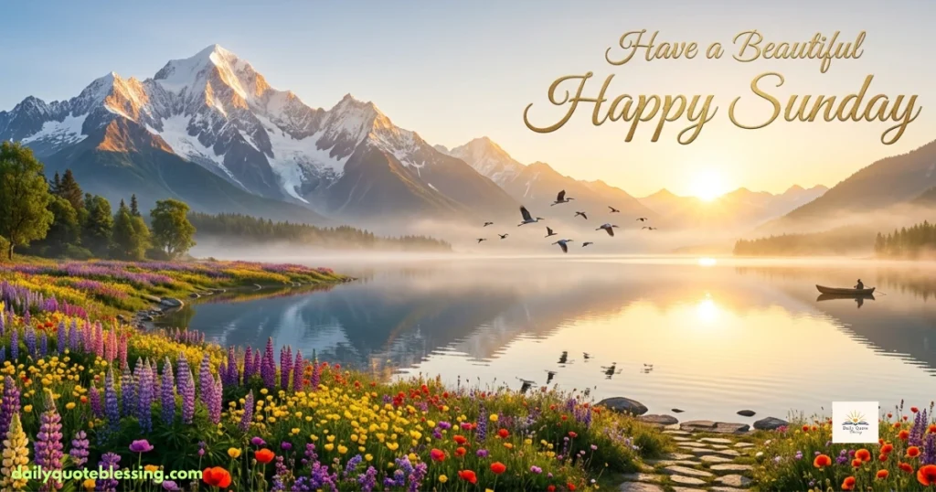 Beautiful Happy Sunday image with mountains, lake, flowers, and sunrise