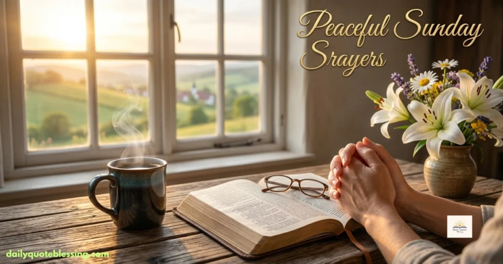 Happy Sunday prayer scene with an open Bible and peaceful sunrise