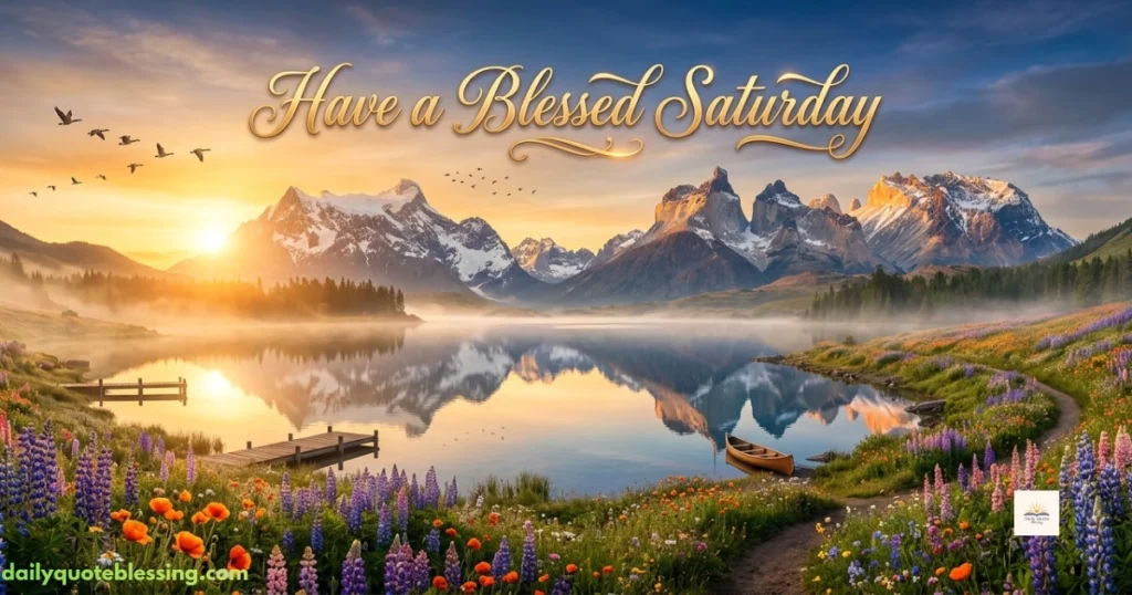 Beautiful Have a Blessed Saturday image with mountains, lake, and flowers