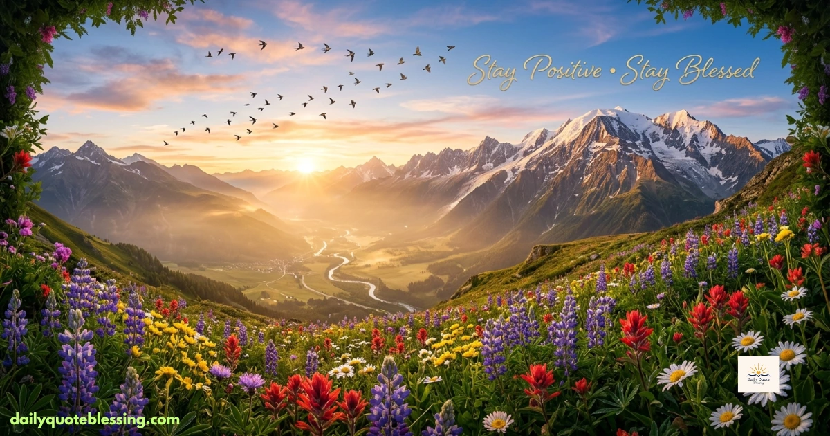 Inspirational Happy Sunday quote with mountains, flowers, and sunrise