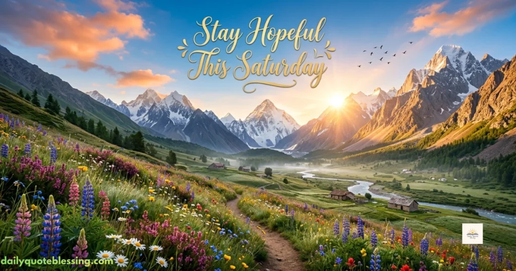Inspirational Saturday quote with mountains, flowers, and sunrise