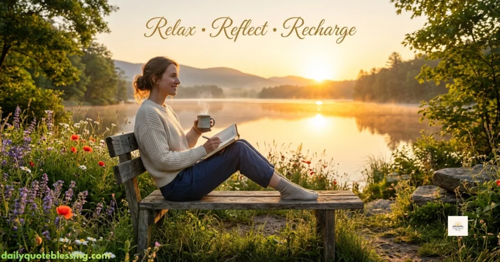 Saturday self-care and reflection with a journal, coffee, and peaceful lake
