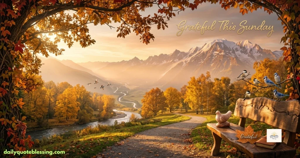 Thankful Happy Sunday message with a peaceful autumn park and golden sunlight